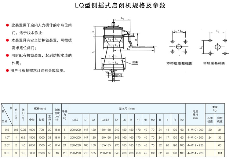 LQ型側搖式啟閉機規(guī)格及參數